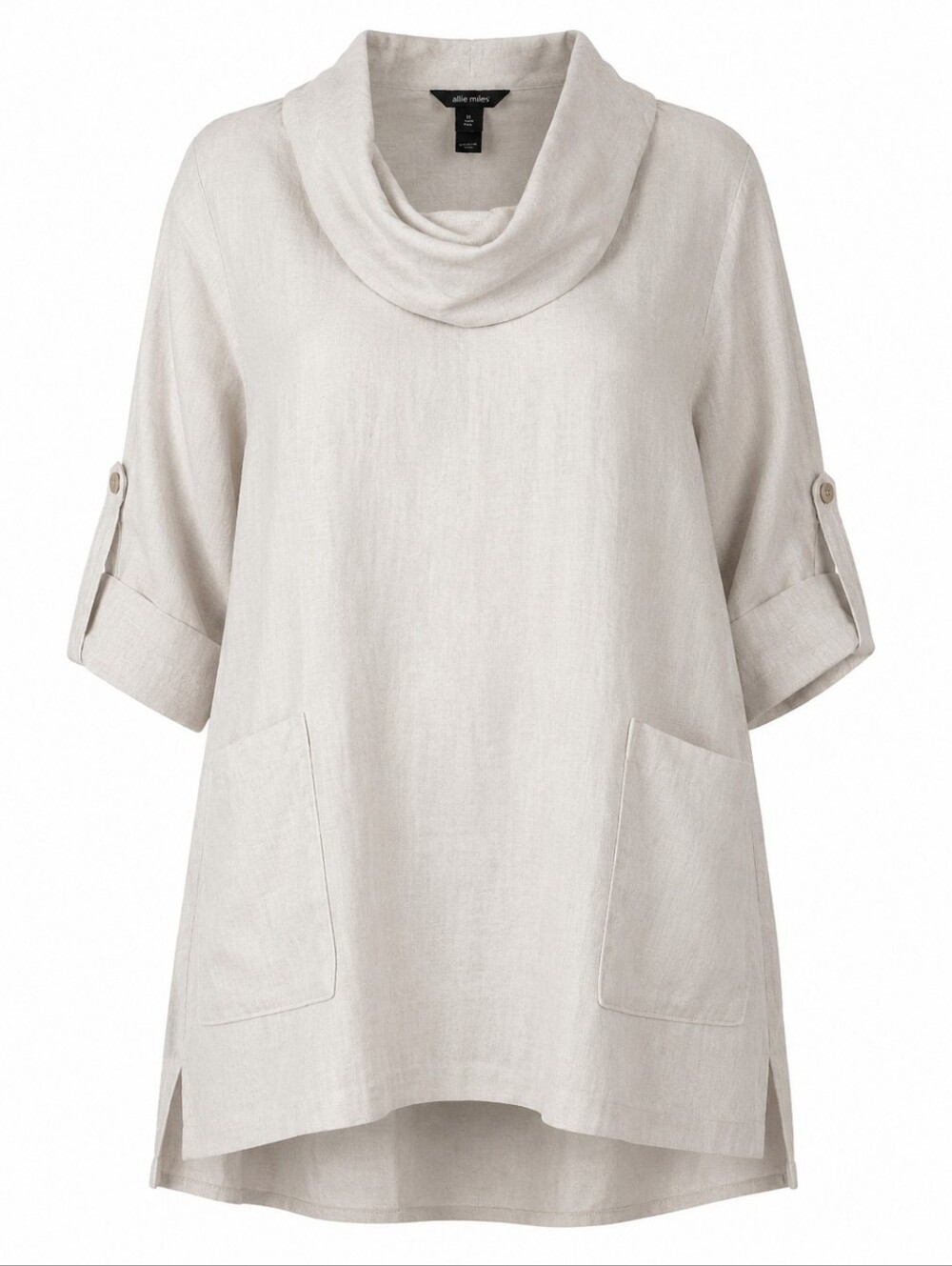 ALI MILES |‎ Beige Cowl Neck 100% Linen 2 Pocket Lagenlook Minimalist Tunic | 1X